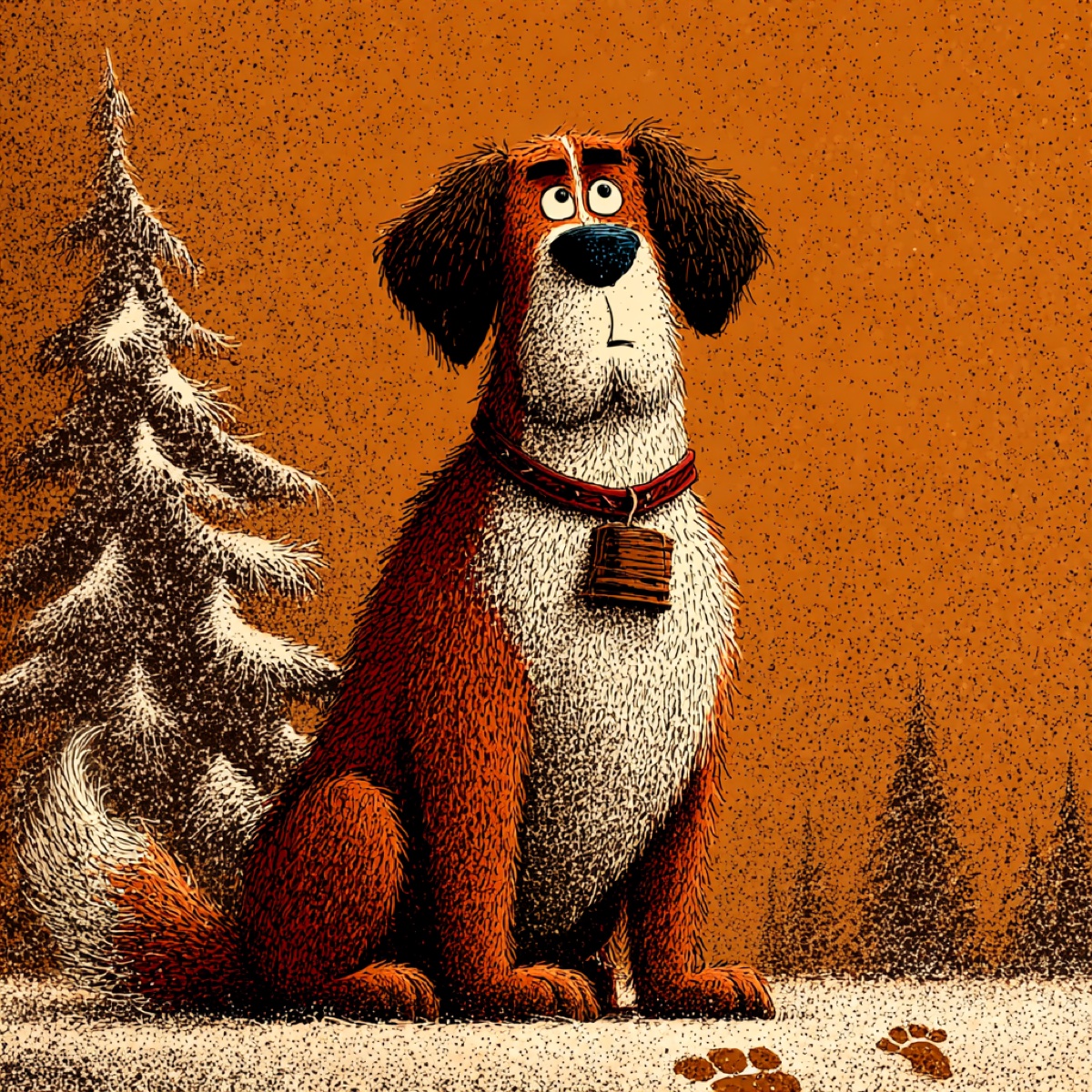 Eddy the alpine rescue St. Bernard, sitting alert beside a snowy pine with paw prints in the foreground.