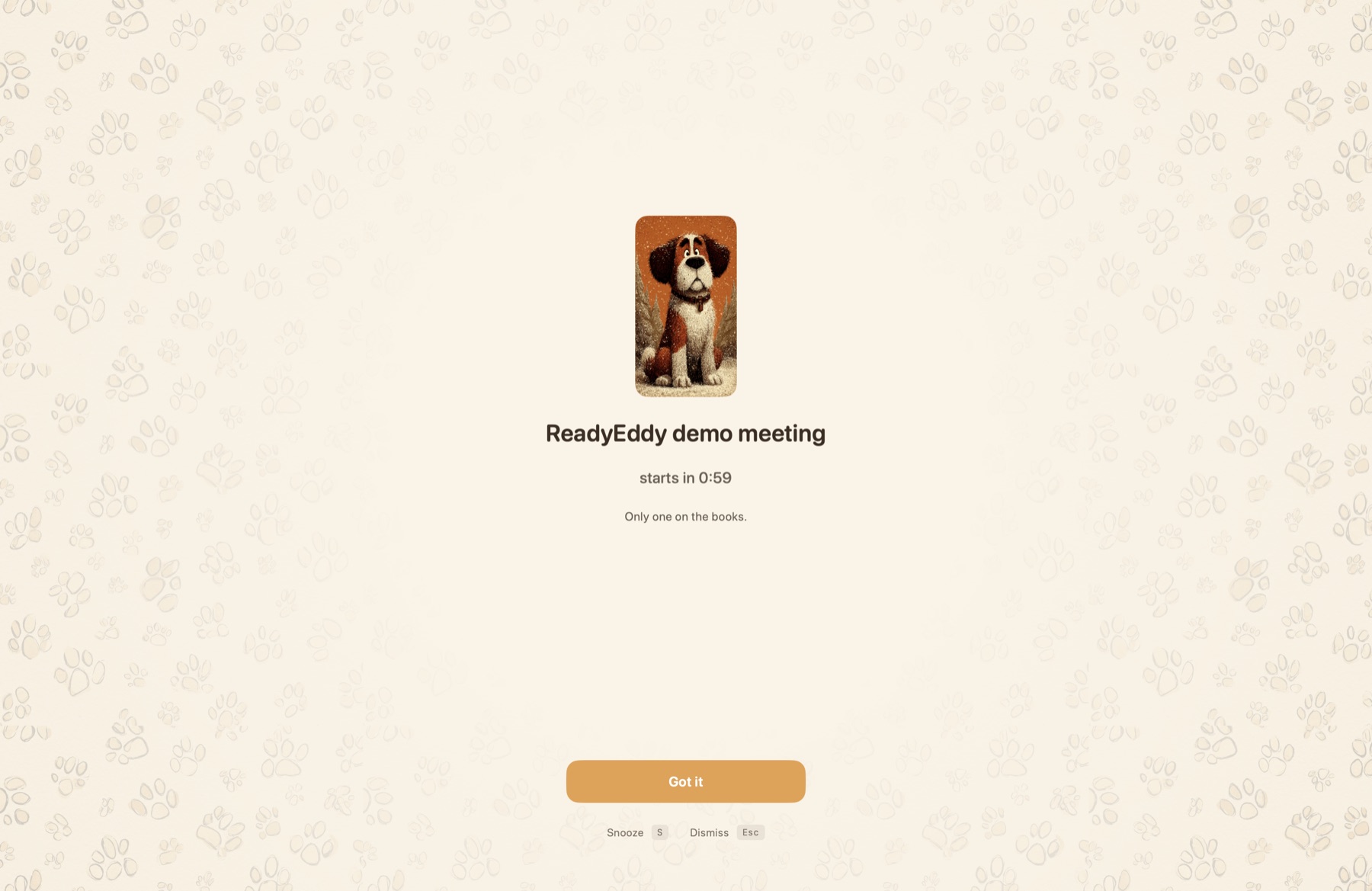 The ReadyEddy takeover panel filling the screen — meeting title, one-key Join shortcut, and Eddy beside it.